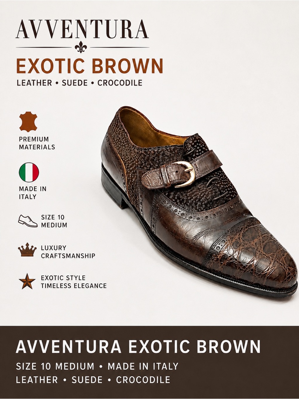 Avventura Exotic Brown Suede & Crocodile Leather Loafers Size 10M Made In Italy